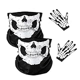 Ajuanbazha 2 Piezas Máscara de Calavera, Pasamontañas Calavera de Tela con Dibujo de Calavera, Guantes de Esqueleto para Adultos Moto, Esquí, Deporte, Ciclismo