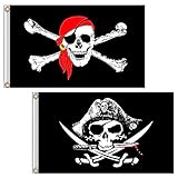 Bandera de pirata, 2 unidades, 3 x 5 pies, con diseño de calavera de Roger Jolly Roger, pecho de hombre muerto, huesos cruzados, esqueleto de poliéster, doble costura para fiestas de piratas