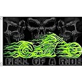 AZ FLAG - Bandera Calavera Hell Of A Ride - 150x90 cm - Bandera Pirata Con Moto 100% Poliéster Con Ojales de Metal integrados - 110g - Colores Vivos Y Resistente A La Decoloración