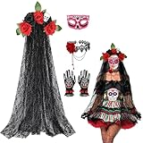 4PCS Diadema del Día de Los Muertos con Rosas Rojas Velo Negro Halloween Máscara Ojos Collar Guantes Esqueleto, Diadema Mexicana Halloween Dia de Los Muertos Disfraz Mujer Accesorios Halloween Mujer