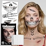 Acevegue Tatuajes Halloween Cara 10 Hojas, Maquillaje Halloween Calavera Tattoo Tatuajes Temporales Adultos Señoras, Complementos Disfraces Pegatinas Cara Calcamonias
