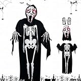 Allony Disfraz de Esqueleto Para Adultos, Capa y Máscara de Grito Halloween, Guantes de Esqueleto, Perfecto Para Cosplay
