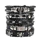 5 Piezas Tejidas Pulsera de Cuero, Pulseras Retro para Hombres Mujeres, Tejida Pulsera de Traje de Cuero Multicapa, Punk Pulsera Ajustable, Gran Regalo para Papa Papá y Hombre (Calavera)