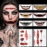 16 Tatuajes temporales de Halloween,6 para la cara de calavera, 10 para cicatrices realistas,Disfraces de Halloween Tatuajes de zombis, Maquillaje para decoraciones de fiesta de Halloween