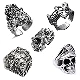 yolzhxe 5 Piezas Anillos Hombre, Ajustable Acero Inoxidable Calavera Anillo, Vintage Calavera y Serpiente Joyería, Punk Rock Gótico Cráneo Joyería, para Halloween y Fiestas Temáticas