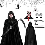 JLTXKST Disfraces Reaper de Halloween,Disfraz de parca,Disfra Muerte Adulto,con Capucha, Máscara de Calavera, Guantes, Guadaña,Capa de Muerte para Adultos para Carnaval Costume Cosplay