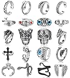 JeryWe 16-20PCS anillos punk vintage hombres mujeres, anillos abiertos góticos, plateados, negro, calavera, esqueleto, pulpo, tentáculo, ojos del infierno, animales, anillos ajustables apilables Y2K