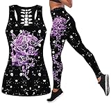 DRZHEAM Conjunto de 2 piezas de yoga con calavera de azúcar para mujer, camisetas sin mangas de otoño, leggings, ropa deportiva para niñas, Calavera 02, M