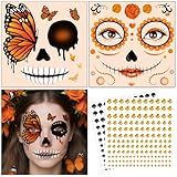 DPKOW Tatuajes de Caras de Halloween con Gemas Faciales Adhesivas, Halloween Tatuajes Temporales Calavera y Mariposa Accesorios para Disfraces de Halloween Maquillaje Tatuajes Falsos
