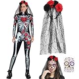 Disfraz de esqueleto para mujer, mono de esqueleto de flores rosas, sexy y espeluznante para mujer, tatuaje de los muertos, diadema y velo, para Halloween, fiesta de disfraces, juego de rol