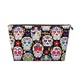Bolsa de maquillaje con estampado de calaveras de flores coloridas para mujer, bolsa de aseo de viaje de cuero impermeable para artículos de tocador, bolsa de cosméticos, Silver, Talla única, Neceser