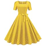 FYMNSI Vestido de cóctel para mujer, estilo vintage de los años 50, con lunares, cuello cuadrado, manga corta, elegante, acampanado, acampanado, S-XXL, amarillo, M