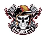 Pegatina Biker “Ride or Die” – Calavera con Casco, Alas y Pistones – Vinilo 10x8 cm Impresa con Tintas Ecosolventes – Adhesivo Impermeable para Moto, Casco, Coche – Exterior Resistente, Diseño a Color