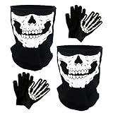 JOYUE Máscara de Esqueleto Guantes de Esqueleto, 2 Piezas Máscara de Calavera + 2 Pares de Guantes de Esqueleto Luminosos, Mascarilla de Motocicleta Negra para Fiesta de Disfraces de Halloween