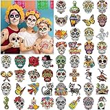 DPKOW Halloween Tatuajes temporales calavera de azúcar para niños, 96 piezas Dia De Los Muertos Tatuajes temporales Festival Mexicano Tatuaje Pegatinas Cactus Guitarra Halloween Costume Party Supplies