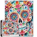 Tucocoo Rompecabezas de calavera de 1000 piezas para adultos, flores coloridas, arte de papel, rompecabezas vibrante, rompecabezas divertido y desafiante, actividades para aliviar el estrés, juegos