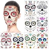 halloween tatuajes temporales de cara (8 hojas), halloween mascarada Día de los Muertos esqueleto cráneo cara completa tatuajes de maquillaje para mujeres Hombres adultos Niños Halloween Prop cosplay