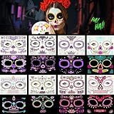Kiiwah 10 Hojas Tatuajes Temporales Halloween, Pegatinas Cara Halloween Día de Los Muertos Cráneo Cara Tatuajes Calavera Floral Rosas Rojas Tatuajes Temporales para Halloween Maquillaje