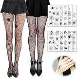 Medias de Red Negras Halloween para Mujer, 2 Pares Medias de Malla Negra Gótica con 10 Tatuajes Temporales de Arañas, Mujeres Sexy Elástico Medias, Medias de Red de Arañas para Halloween, Carnaval