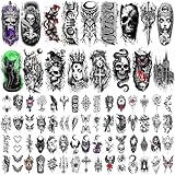 77 hojas de tatuajes temporales, tatuajes falsos de estilo gótico con calaveras de araña de terror para adultos y adolescentes, pegatinas de tatuajes temporales grandes para maquillaje de terror